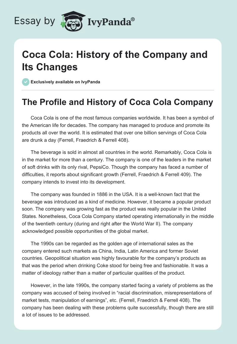Coca Cola: History of the Company and Its Changes. Page 1