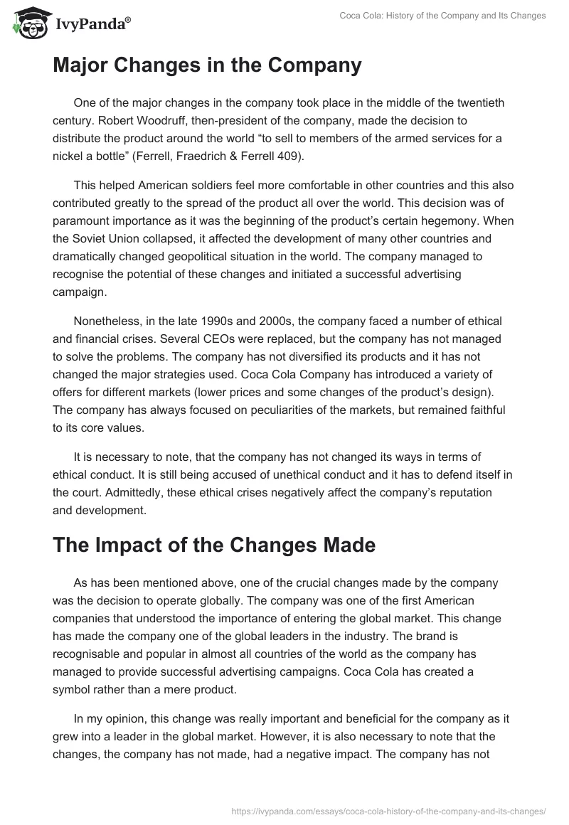 Coca Cola: History of the Company and Its Changes. Page 2