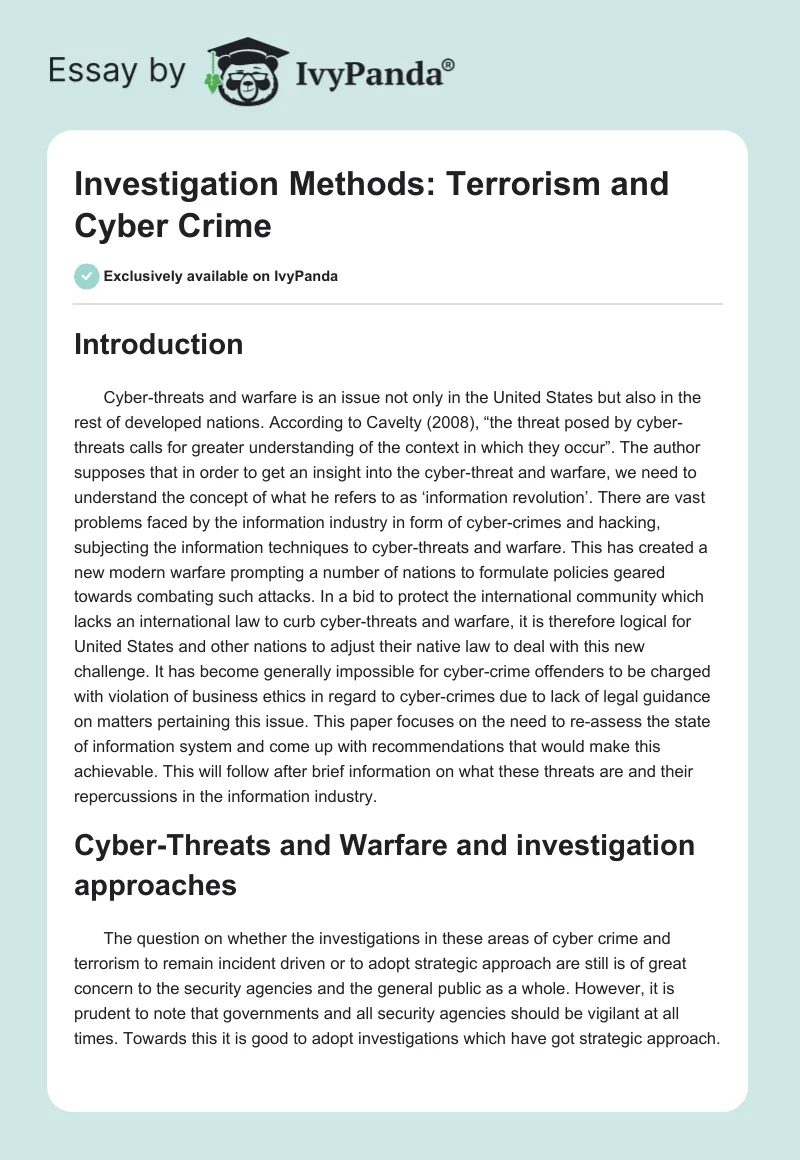 Investigation Methods: Terrorism and Cyber Crime. Page 1