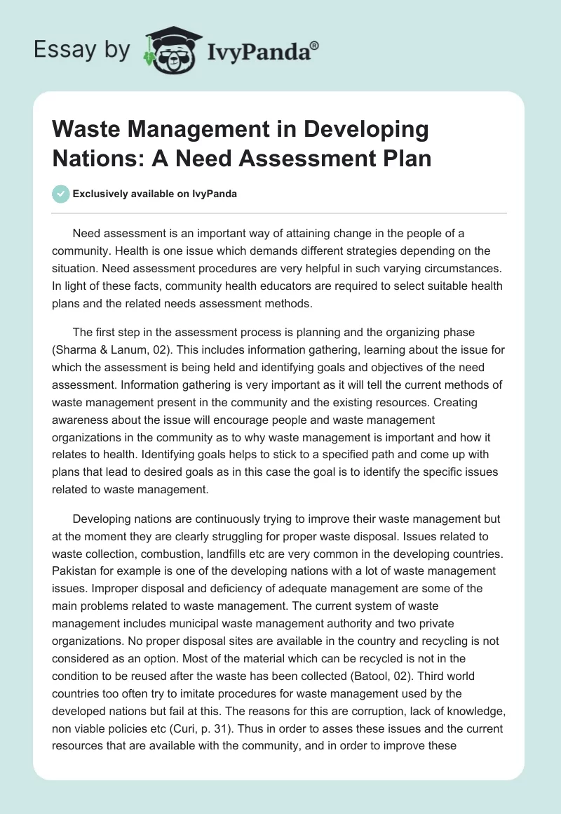 Waste Management in Developing Nations: A Need Assessment Plan. Page 1
