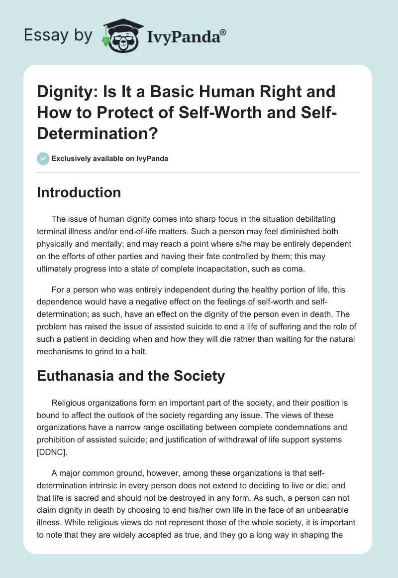 Dignity: Is It a Basic Human Right and How to Protect of Self-Worth and Self-Determination?. Page 1