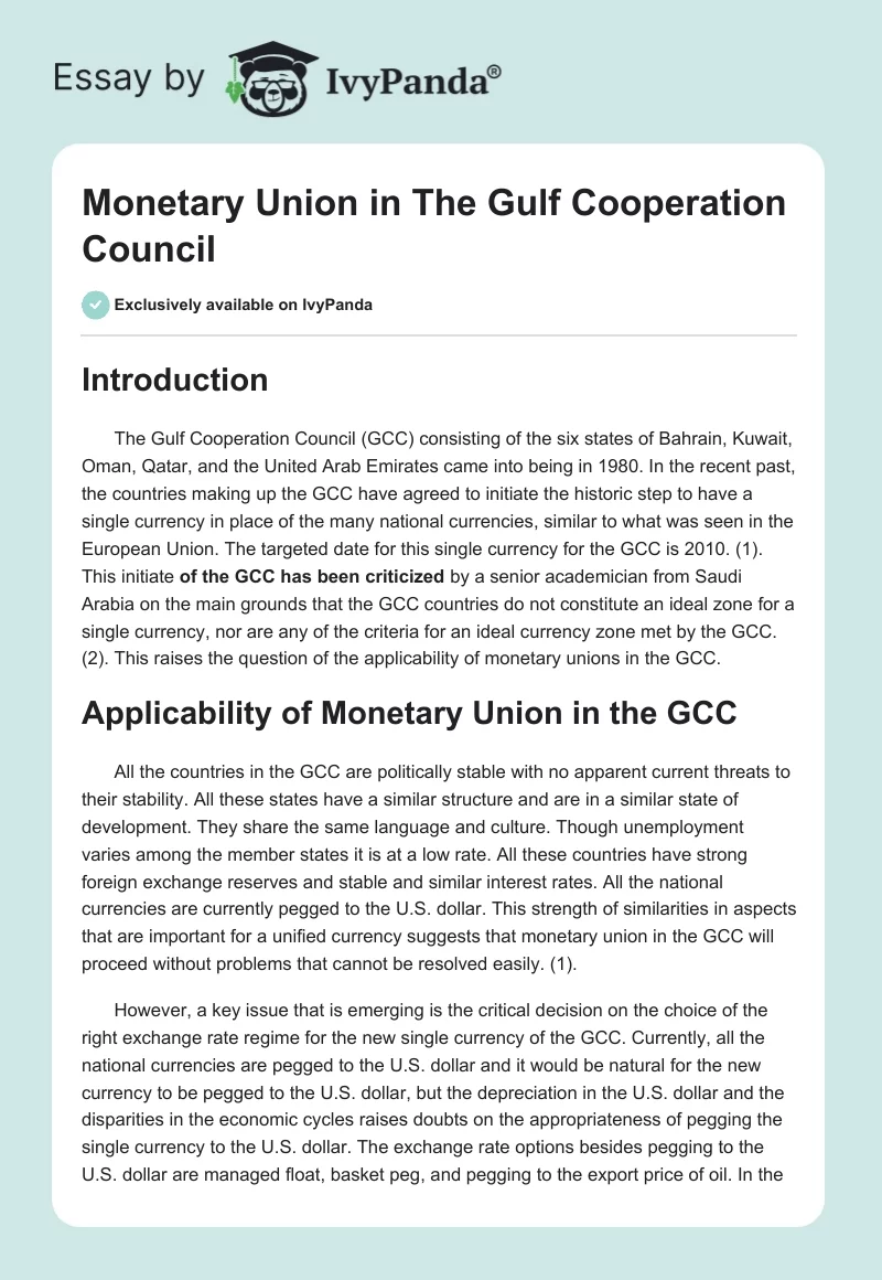 Monetary Union in The Gulf Cooperation Council. Page 1