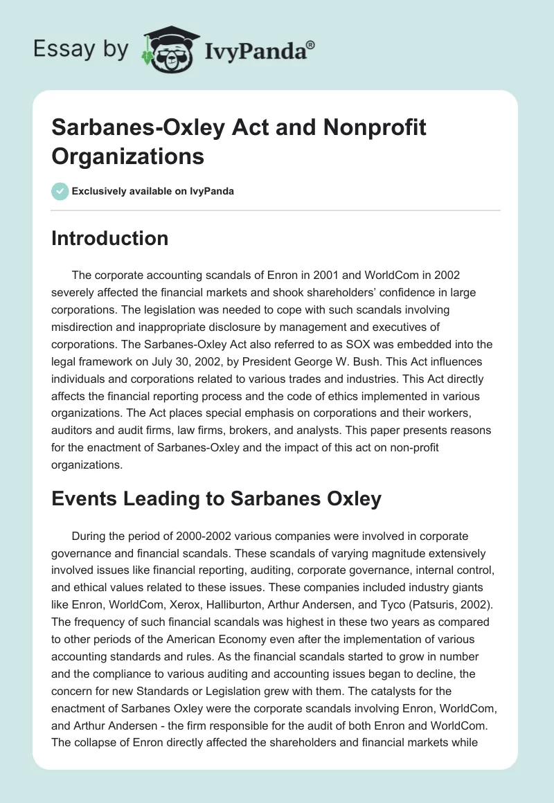 Sarbanes-Oxley Act and Nonprofit Organizations. Page 1