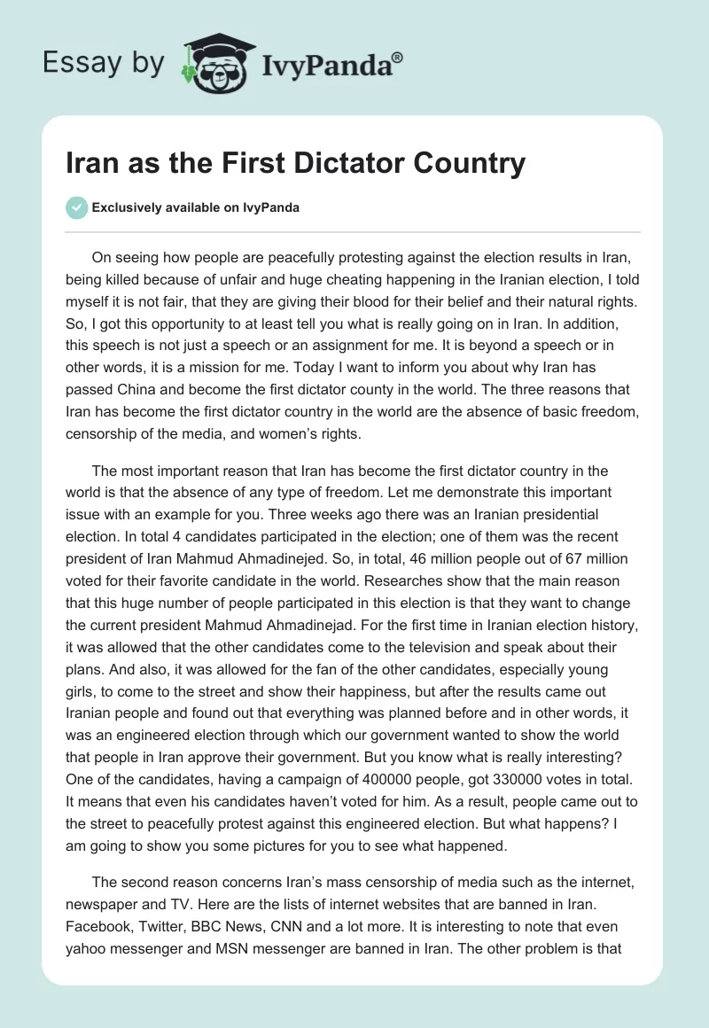 Iran as the First Dictator Country. Page 1