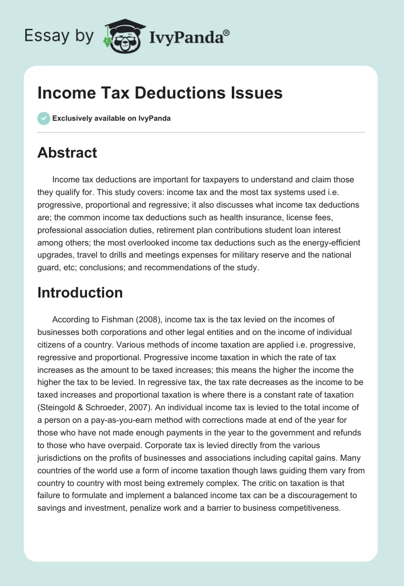 Income Tax Deductions Issues. Page 1