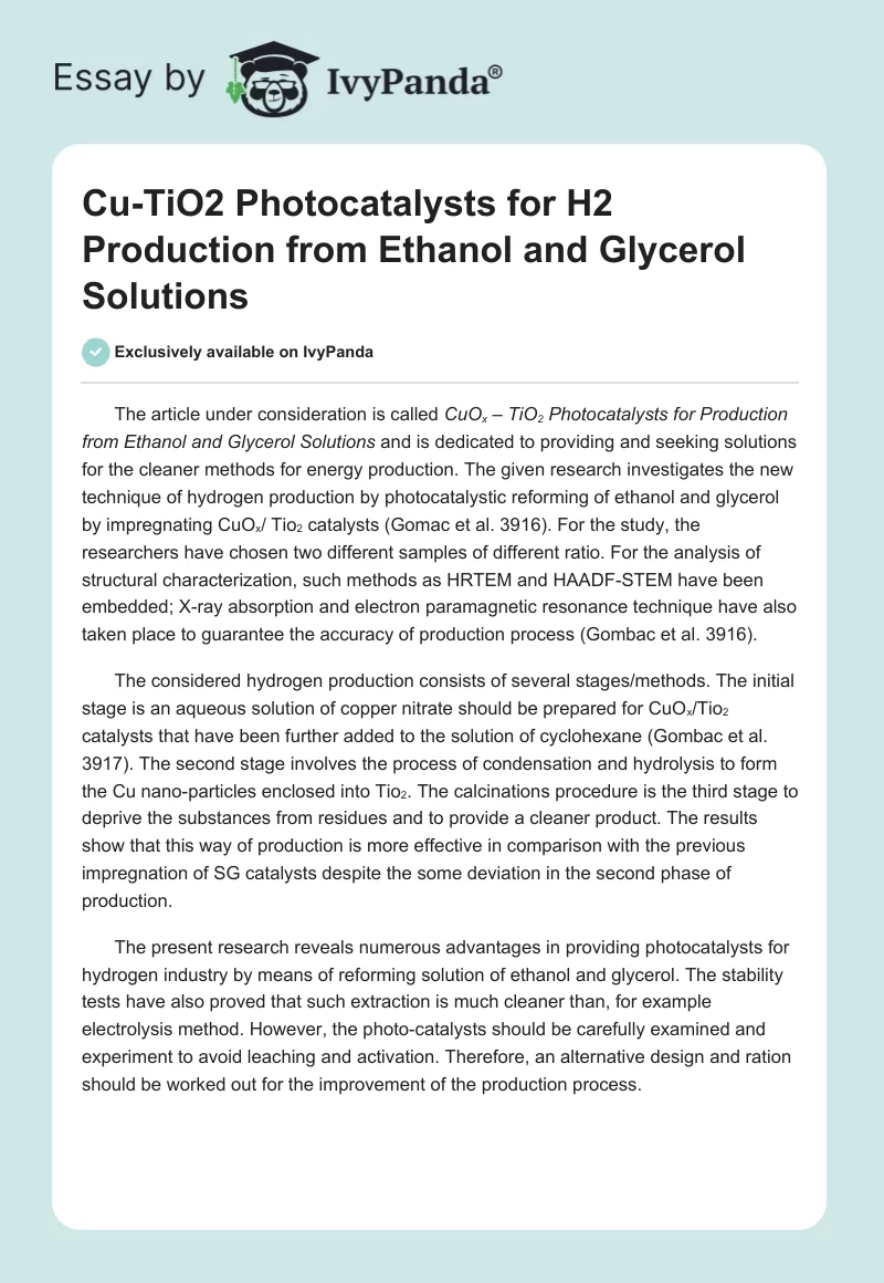 Cu-TiO2 Photocatalysts for H2 Production from Ethanol and Glycerol Solutions. Page 1