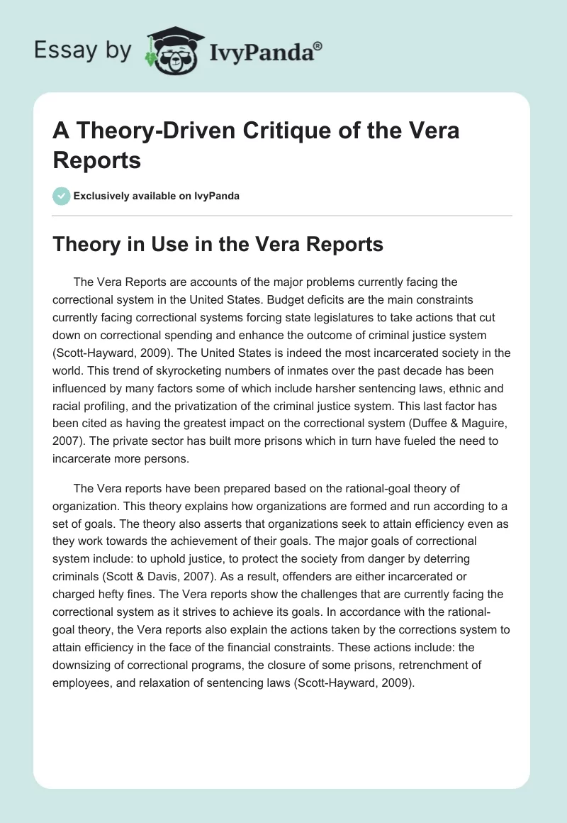 A Theory-Driven Critique of the Vera Reports. Page 1