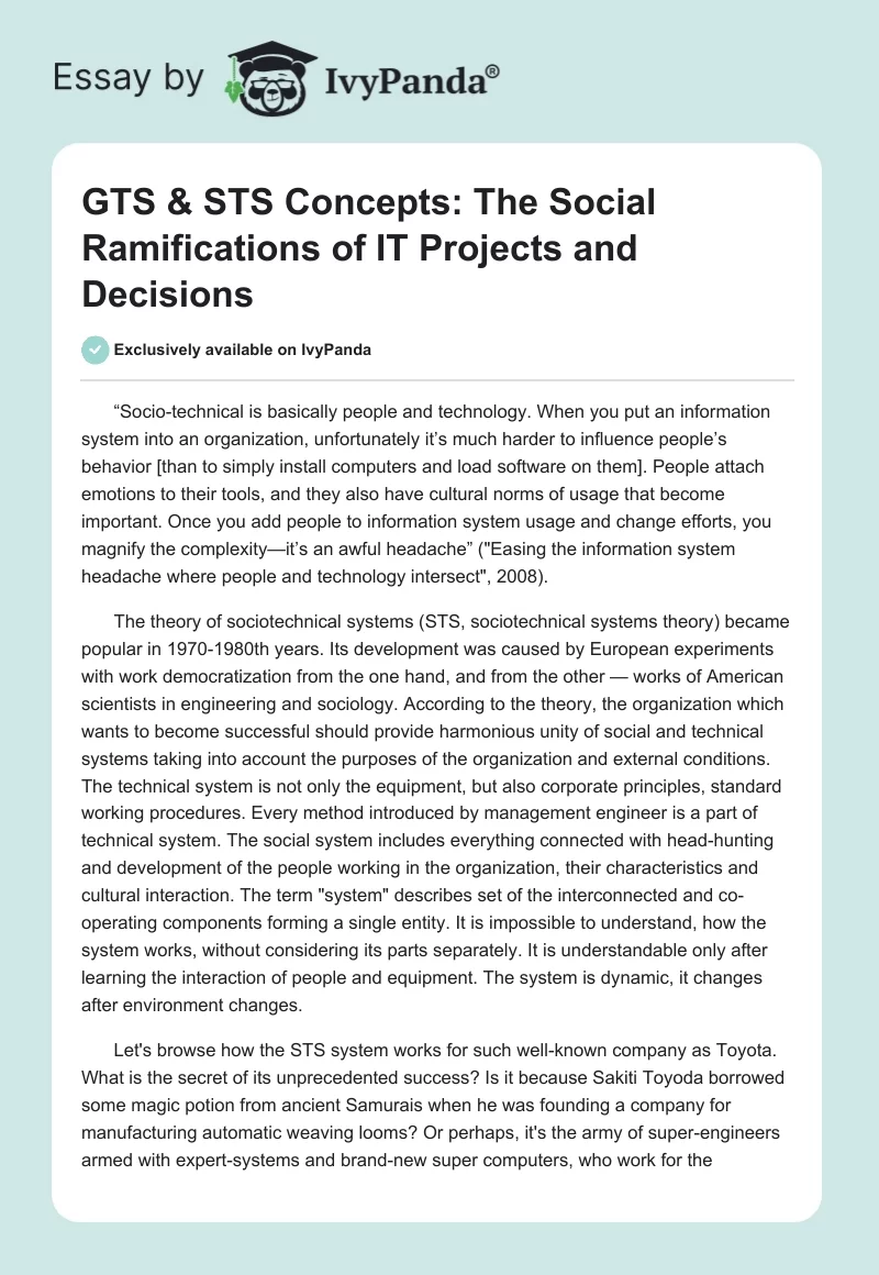 GTS & STS Concepts: The Social Ramifications of IT Projects and Decisions. Page 1