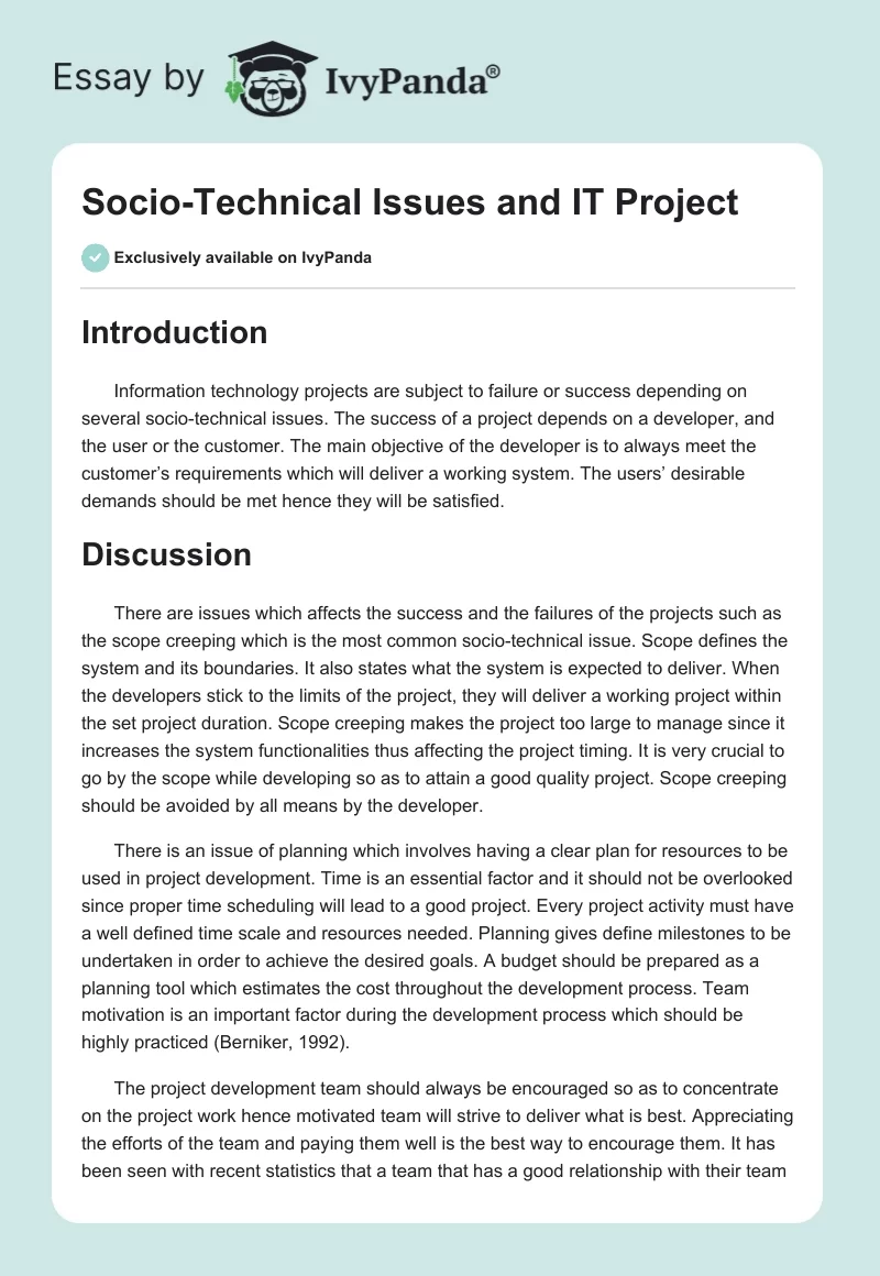 Socio-Technical Issues and IT Project. Page 1