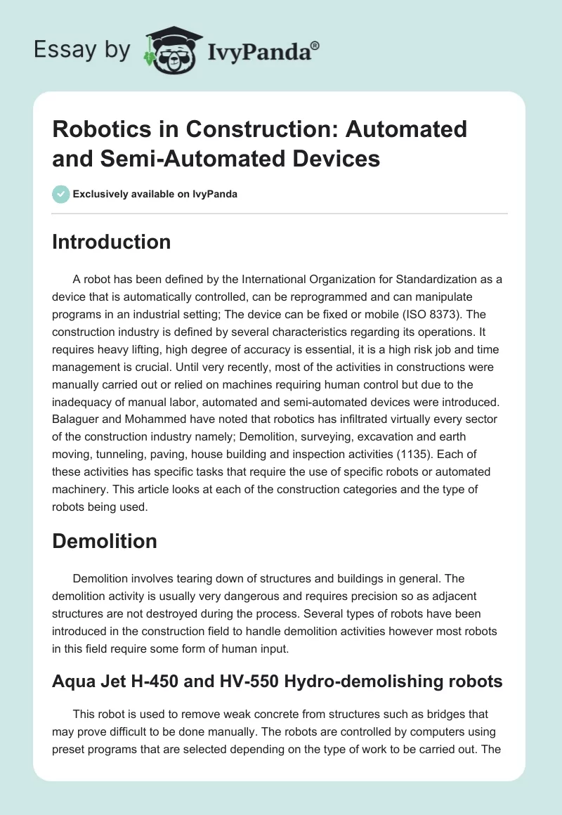 Robotics in Construction: Automated and Semi-Automated Devices. Page 1