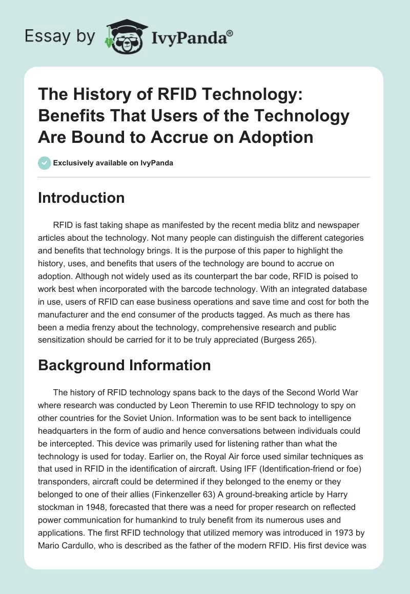 The History of RFID Technology: Benefits That Users of the Technology Are Bound to Accrue on Adoption. Page 1