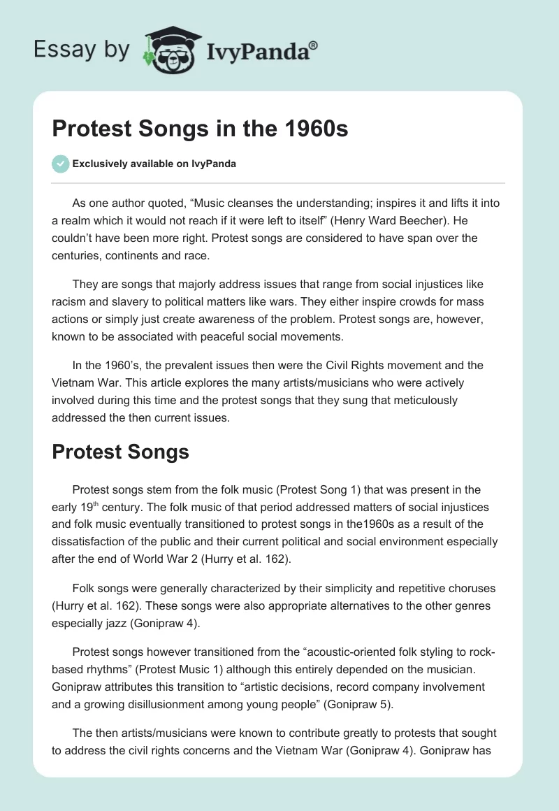Protest Songs in the 1960s. Page 1