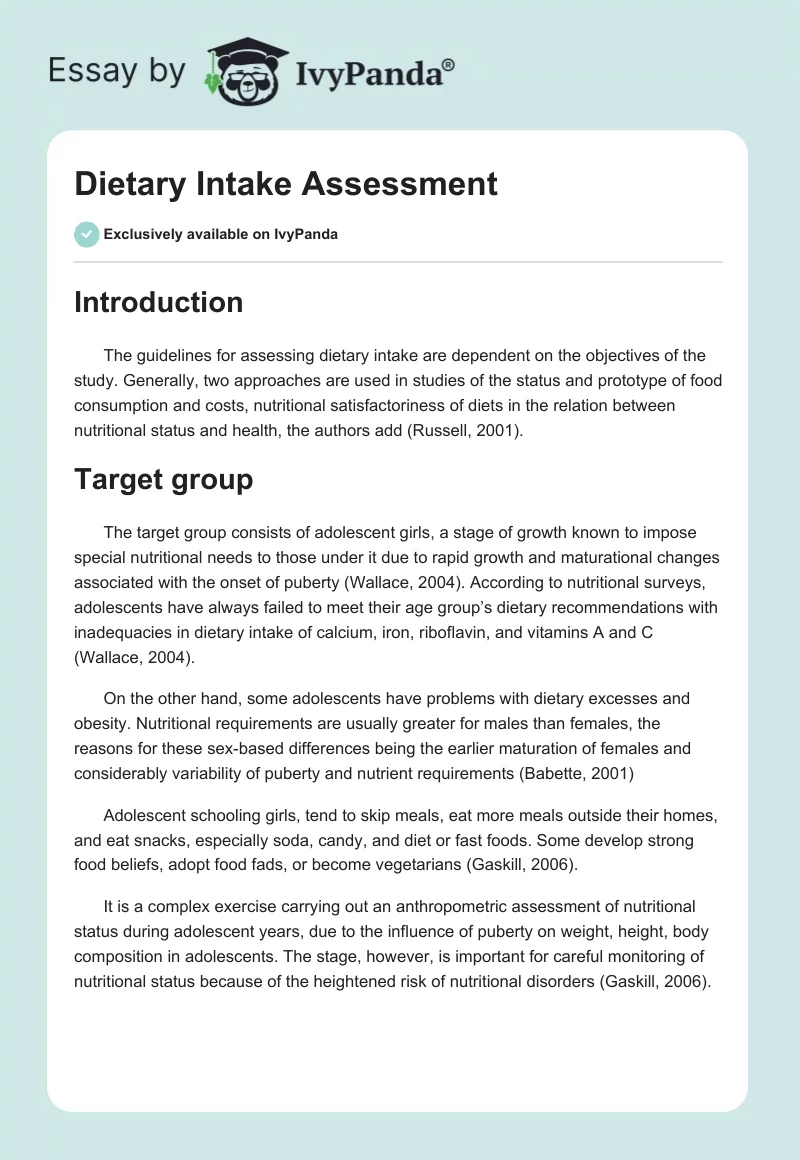 Dietary Intake Assessment. Page 1