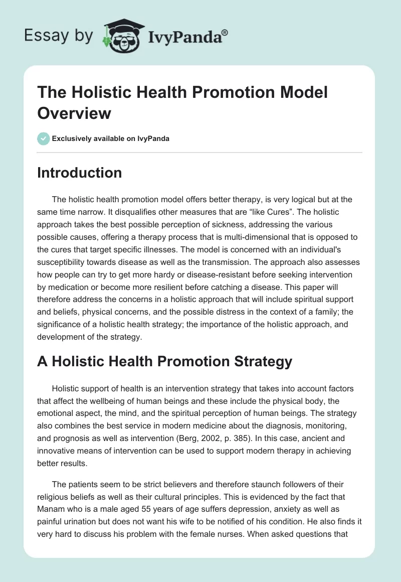 The Holistic Health Promotion Model Overview. Page 1