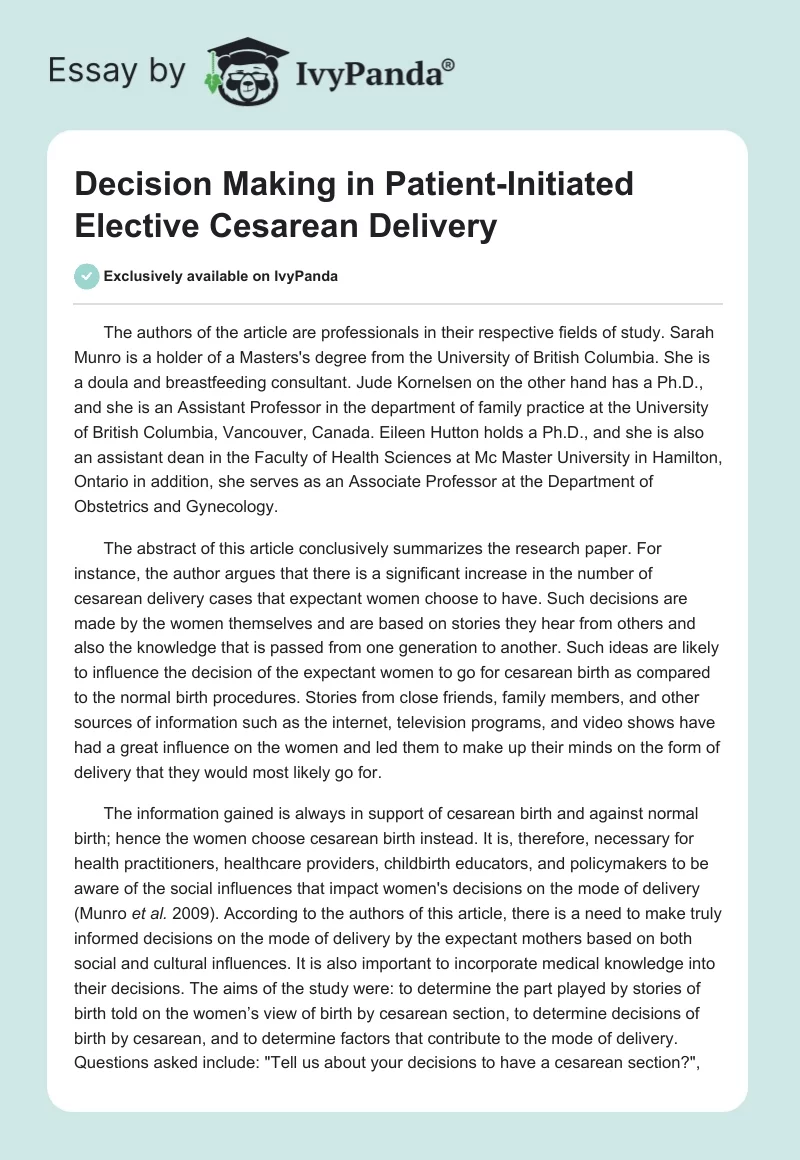 Decision Making in Patient-Initiated Elective Cesarean Delivery. Page 1