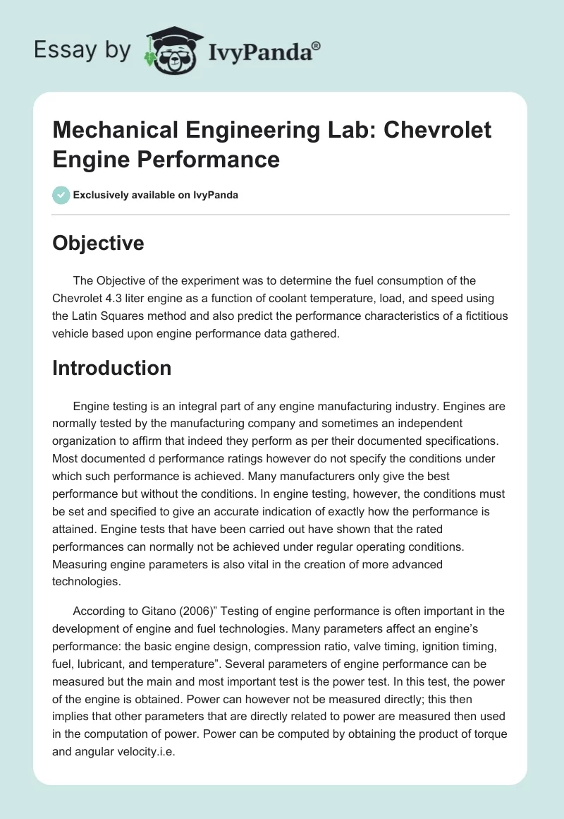 Mechanical Engineering Lab: Chevrolet Engine Performance. Page 1