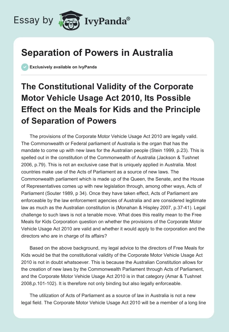 Separation of Powers in Australia. Page 1