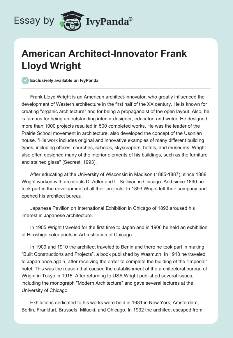 American Architect-Innovator Frank Lloyd Wright. Page 1