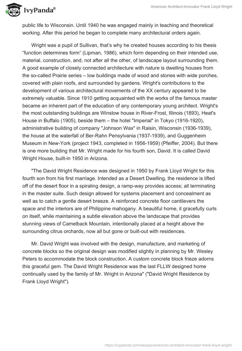 American Architect-Innovator Frank Lloyd Wright. Page 2