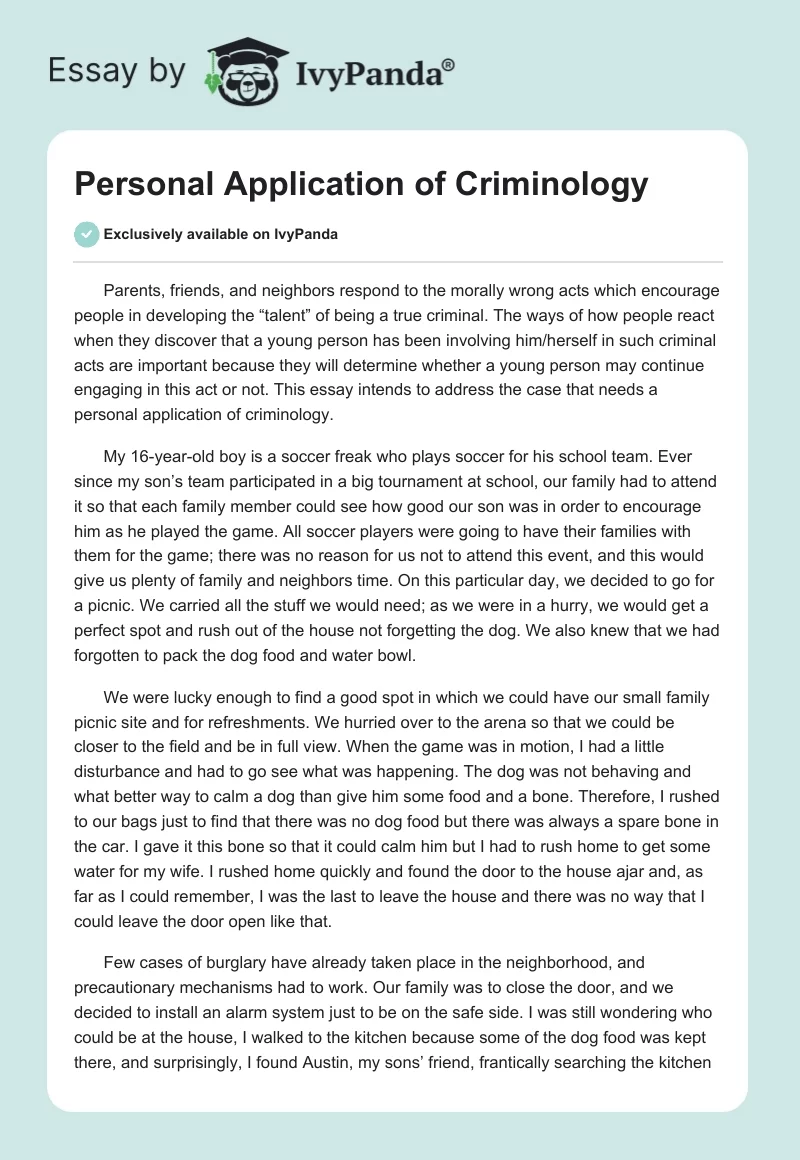 Personal Application of Criminology. Page 1