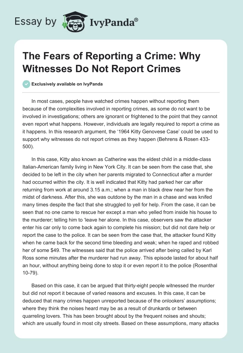 The Fears of Reporting a Crime: Why Witnesses Do Not Report Crimes. Page 1