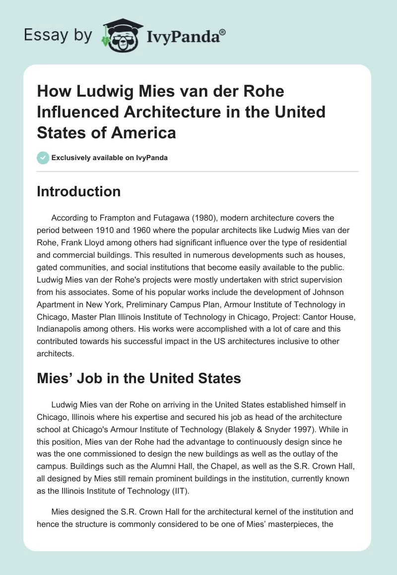 How Ludwig Mies van der Rohe Influenced Architecture in the United States of America. Page 1