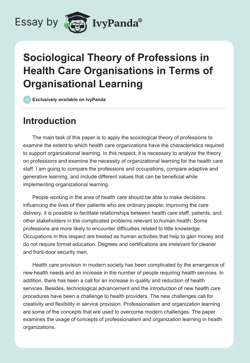 Sociological Theory of Professions in Health Care Organisations in Terms of Organisational Learning. Page 1