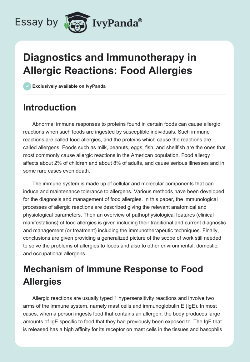 Diagnostics and Immunotherapy in Allergic Reactions: Food Allergies. Page 1