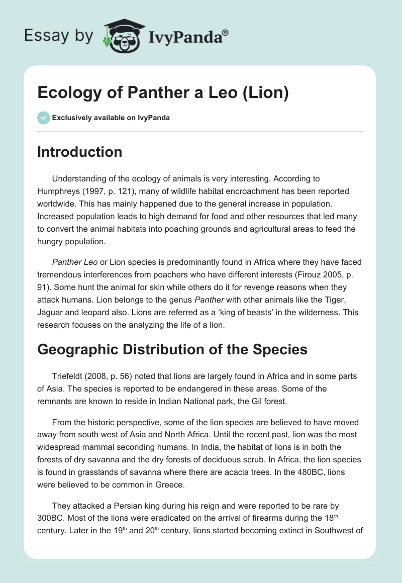 Ecology of Panther a Leo (Lion). Page 1