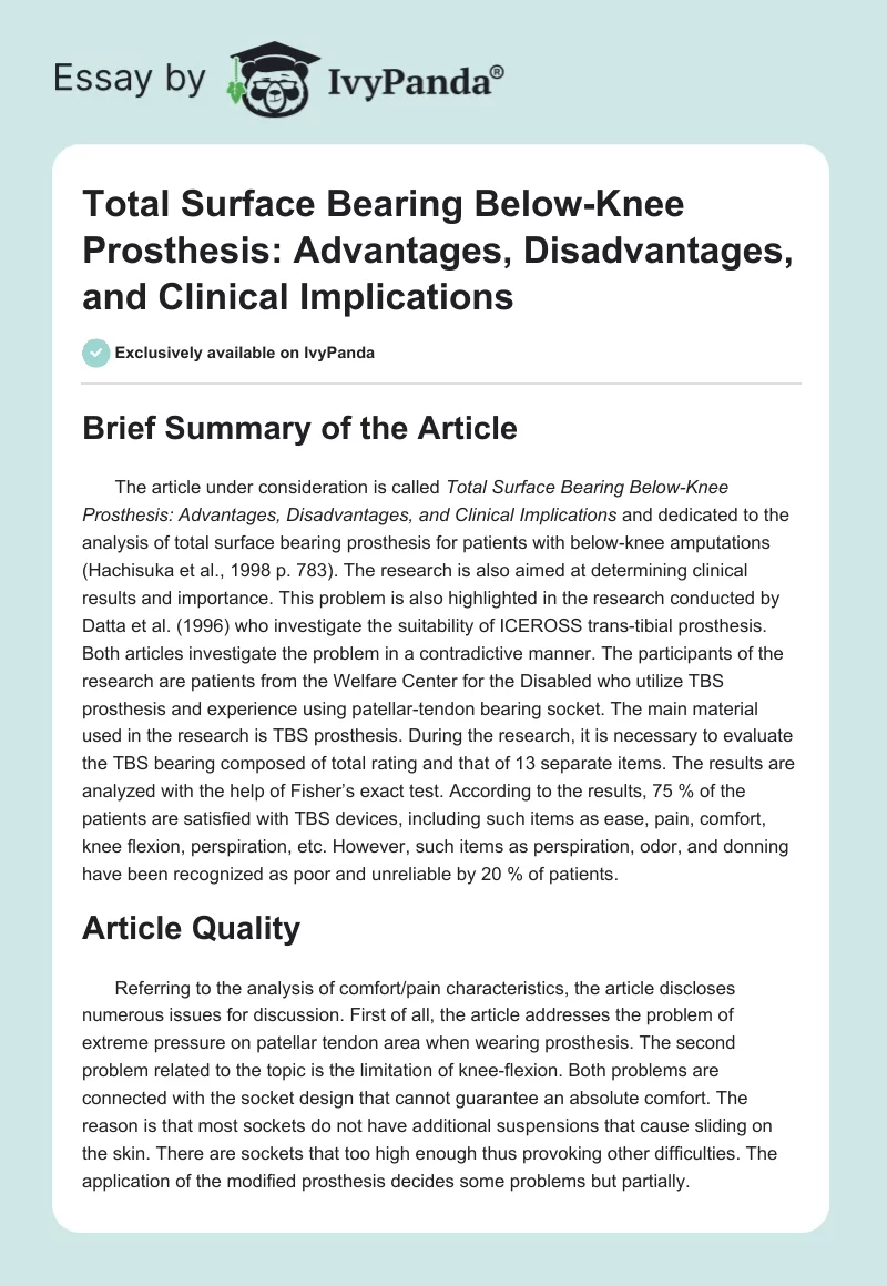 Total Surface Bearing Below-Knee Prosthesis: Advantages, Disadvantages, and Clinical Implications. Page 1