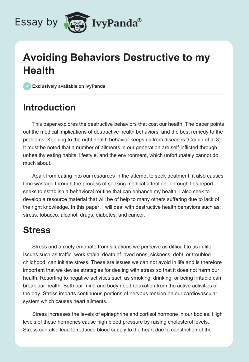 Avoiding Behaviors Destructive to my Health. Page 1