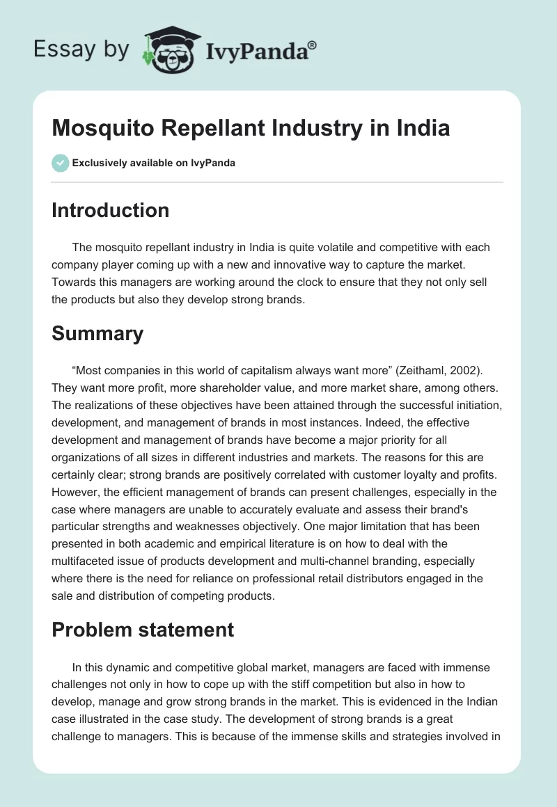 Mosquito Repellant Industry in India. Page 1