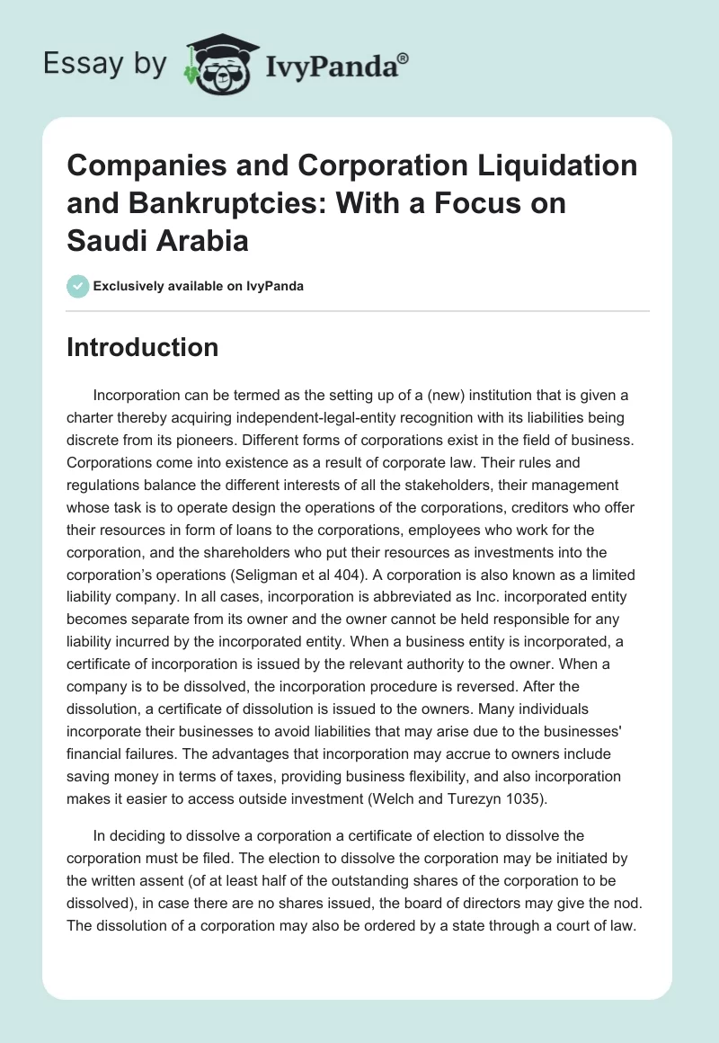 Companies and Corporation Liquidation and Bankruptcies: With a Focus on Saudi Arabia. Page 1