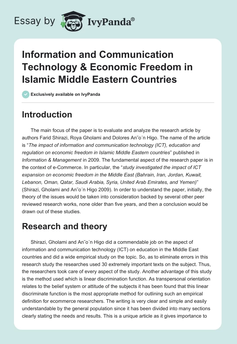 Information and Communication Technology & Economic Freedom in Islamic Middle Eastern Countries. Page 1