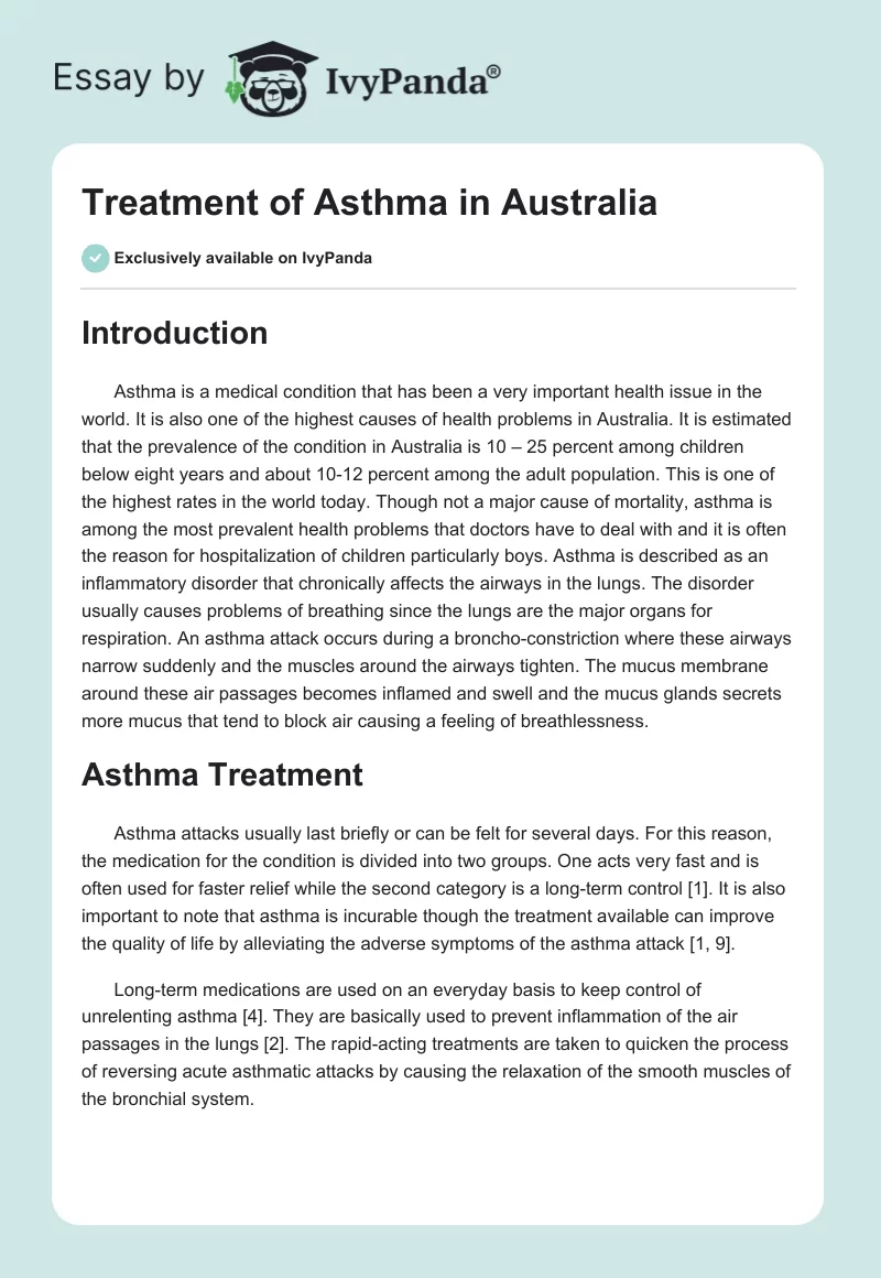 Treatment of Asthma in Australia. Page 1