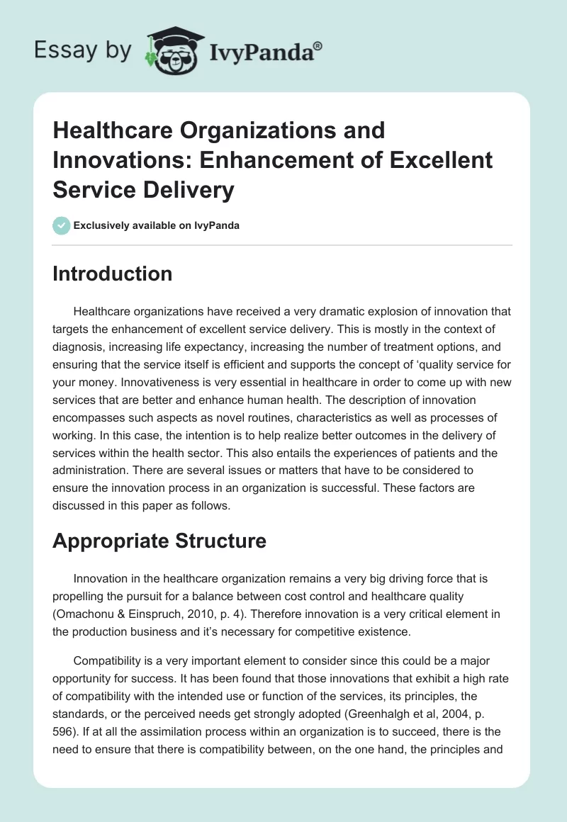 Healthcare Organizations and Innovations: Enhancement of Excellent Service Delivery. Page 1