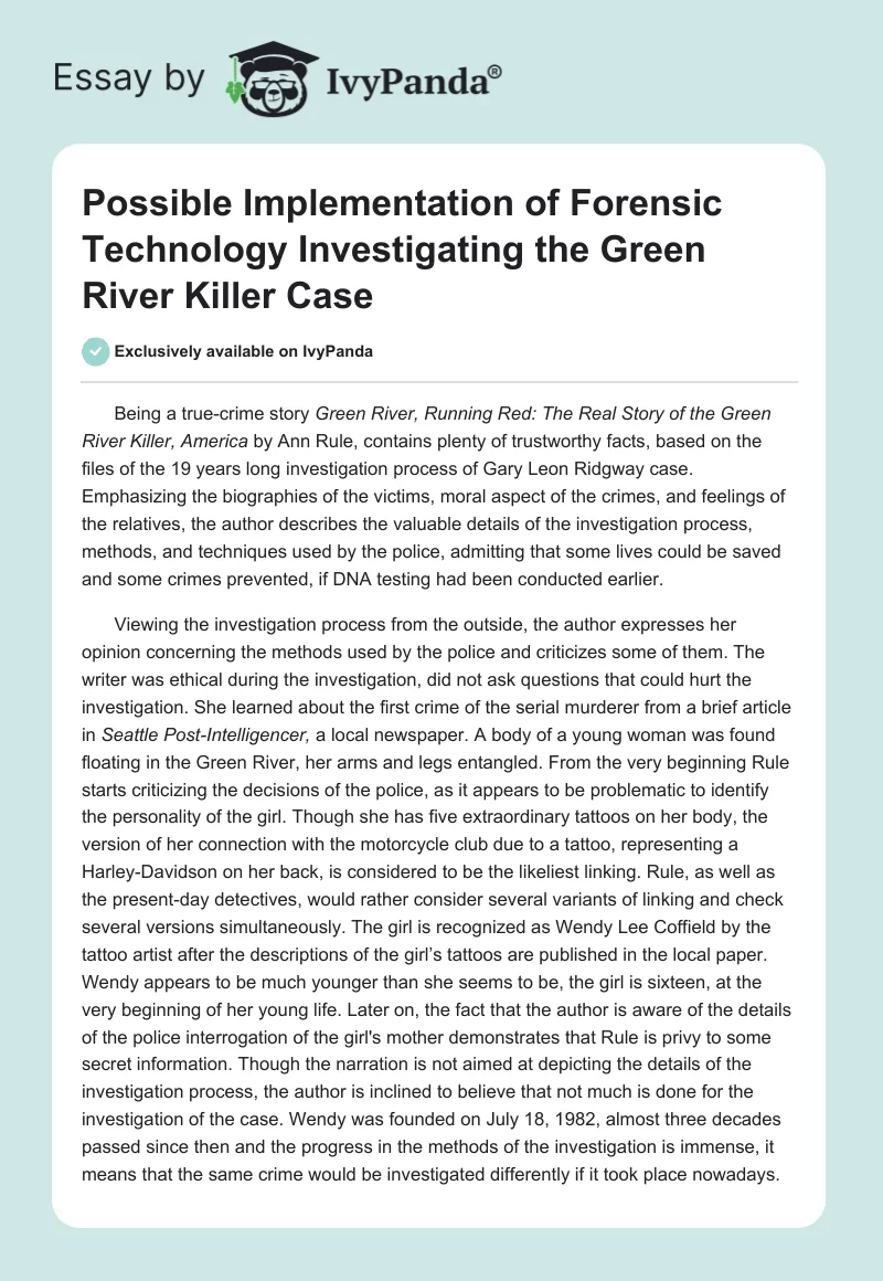 Possible Implementation of Forensic Technology Investigating the Green River Killer Case. Page 1