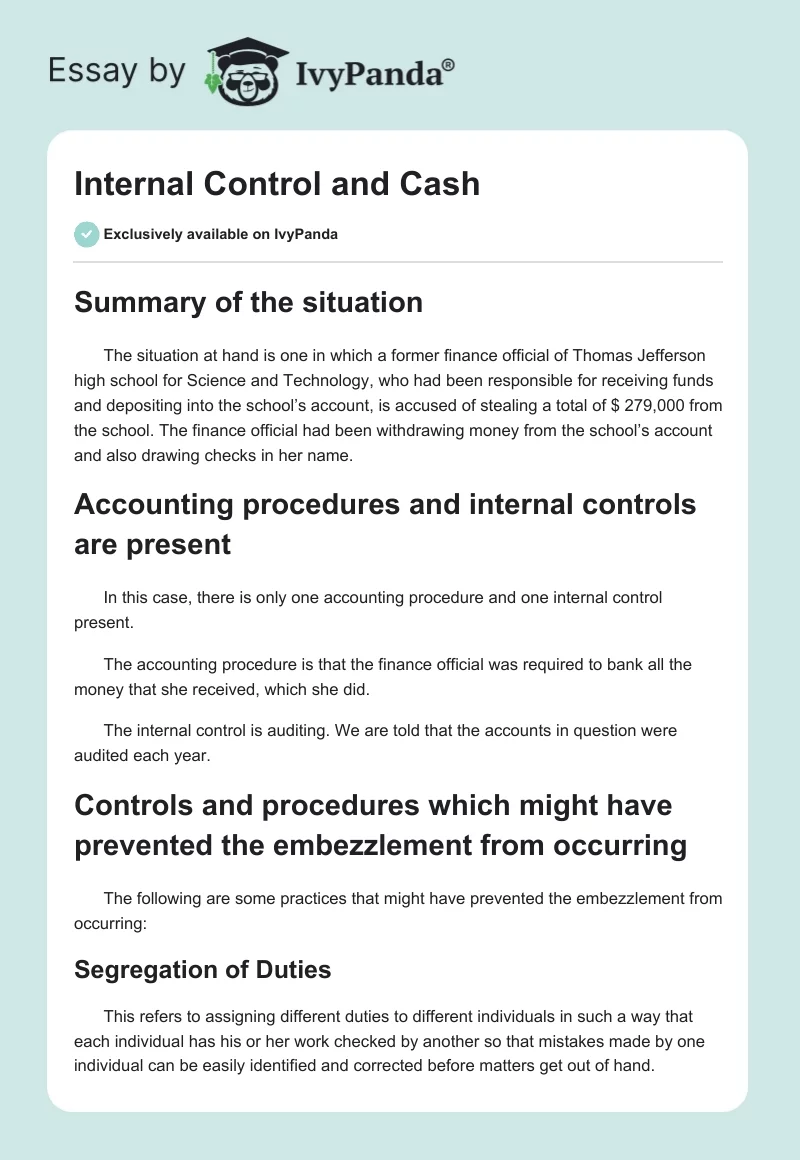 Internal Control and Cash. Page 1