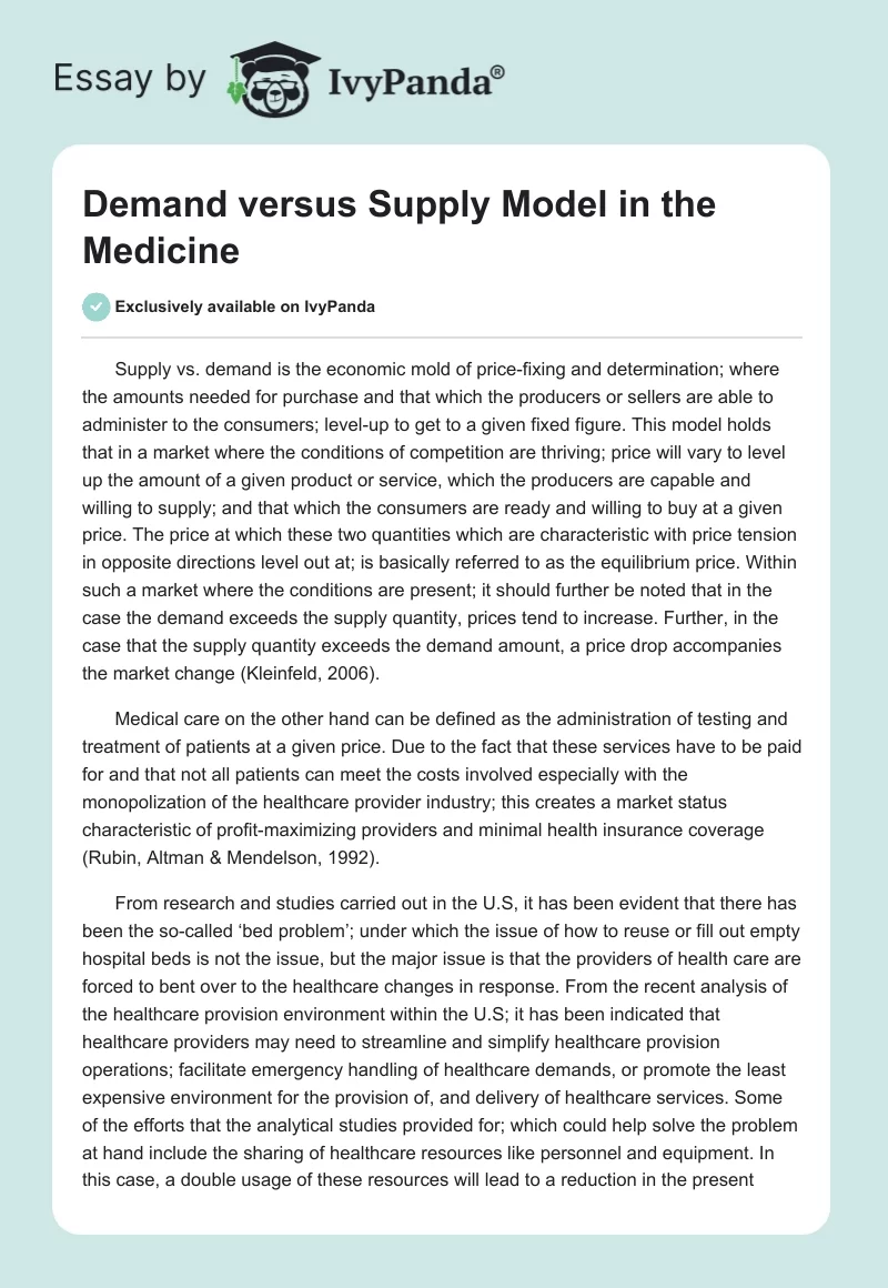 Demand versus Supply Model in the Medicine. Page 1