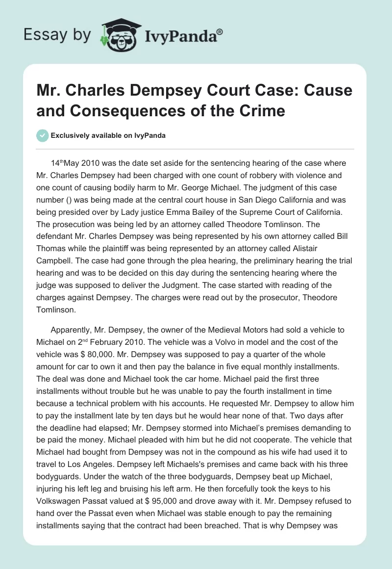 Mr. Charles Dempsey Court Case: Cause and Consequences of the Crime. Page 1