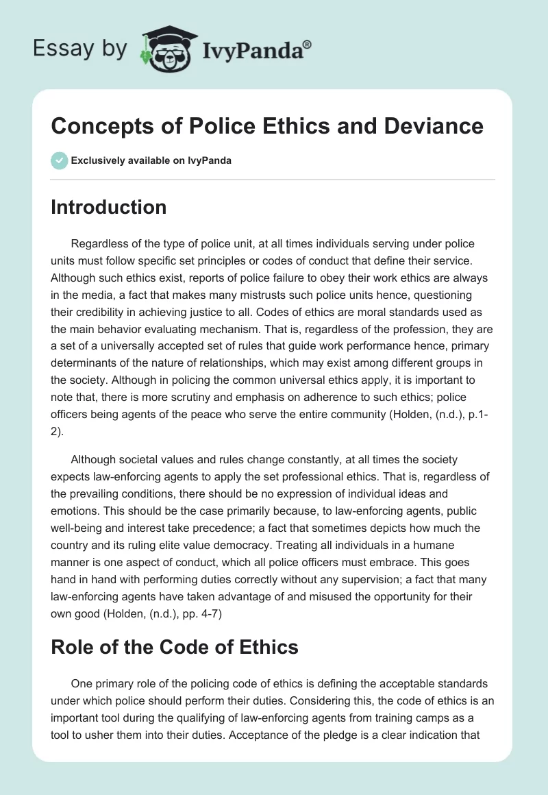 Concepts of Police Ethics and Deviance. Page 1