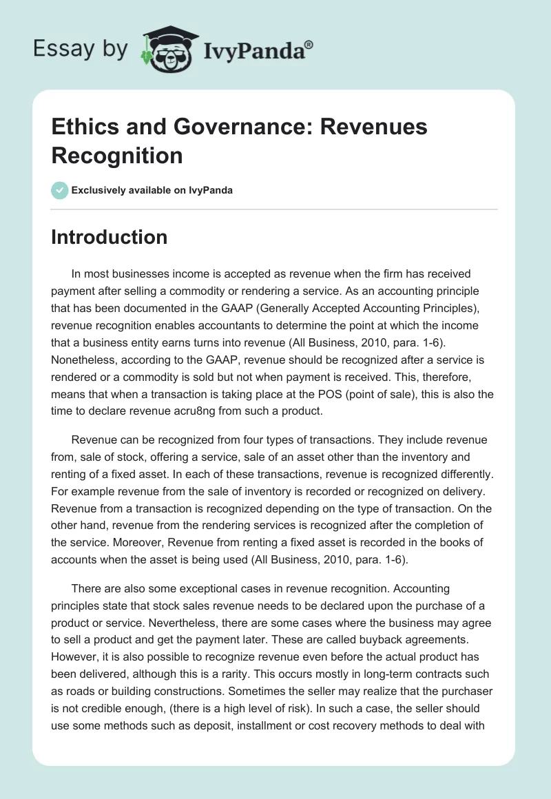 Ethics and Governance: Revenues Recognition. Page 1