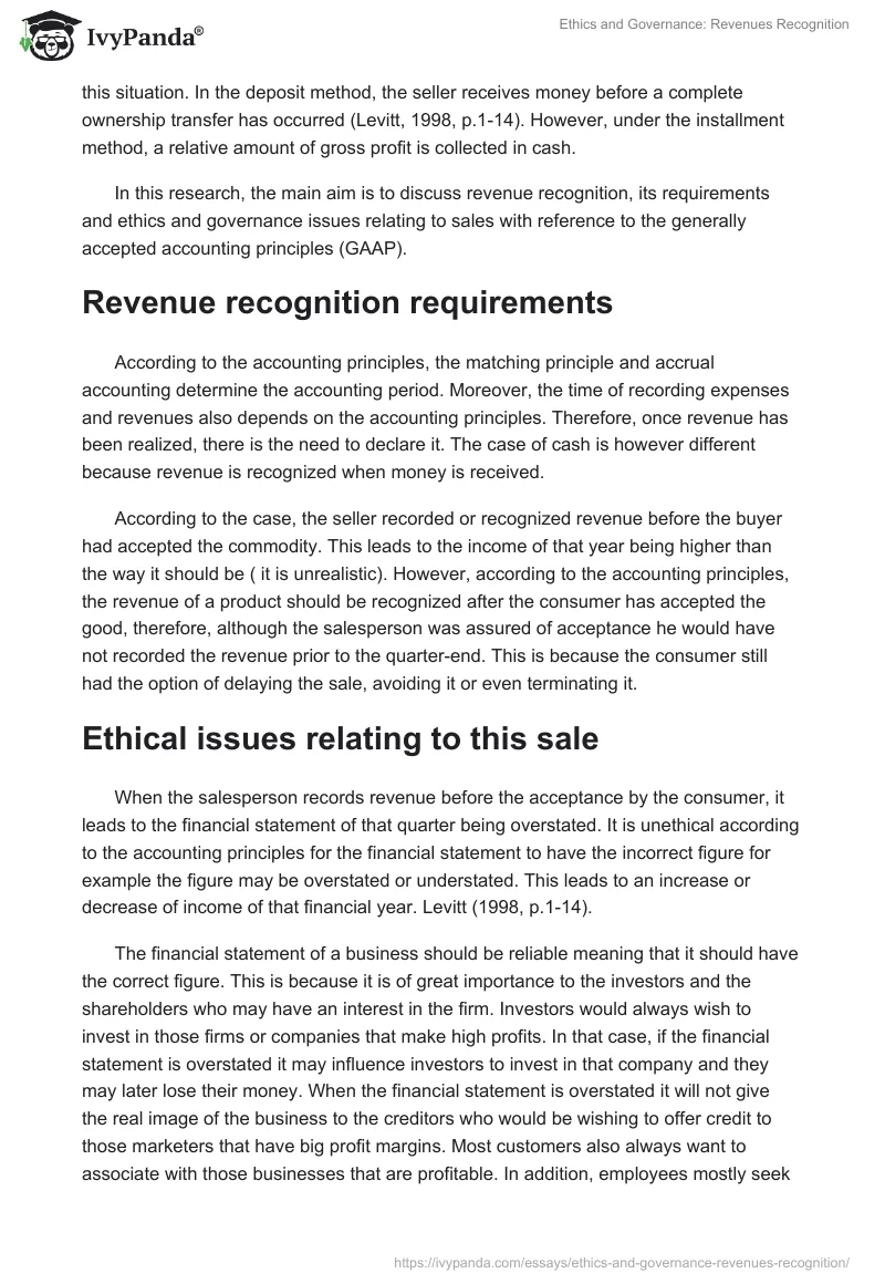 Ethics and Governance: Revenues Recognition. Page 2