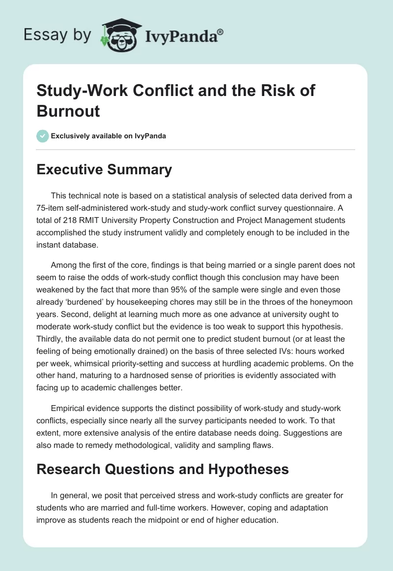 Study-Work Conflict and the Risk of Burnout. Page 1