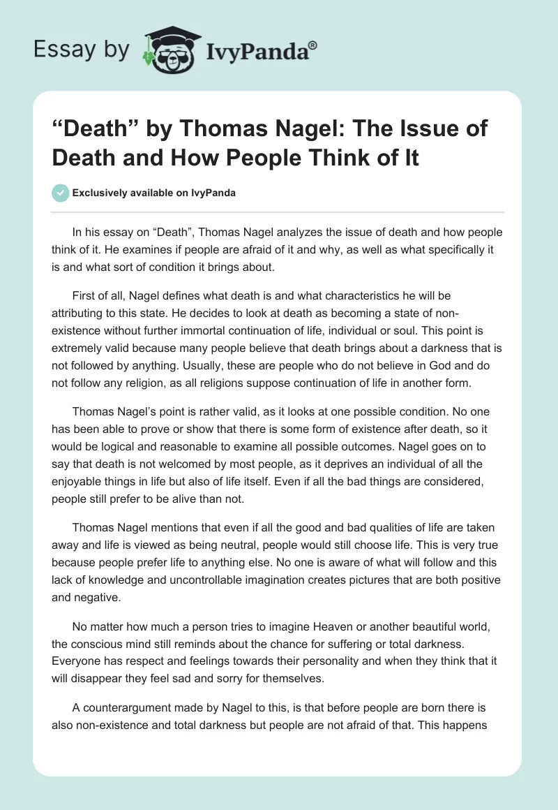 “Death” by Thomas Nagel: The Issue of Death and How People Think of It. Page 1