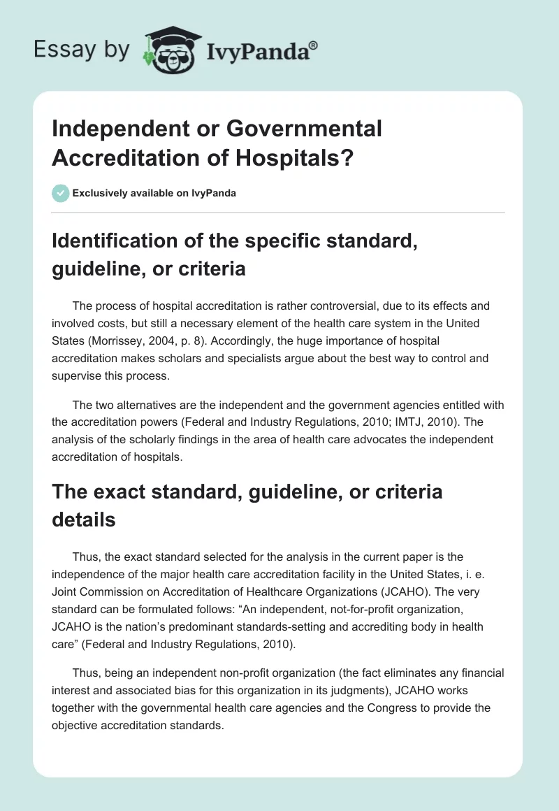 Independent or Governmental Accreditation of Hospitals?. Page 1