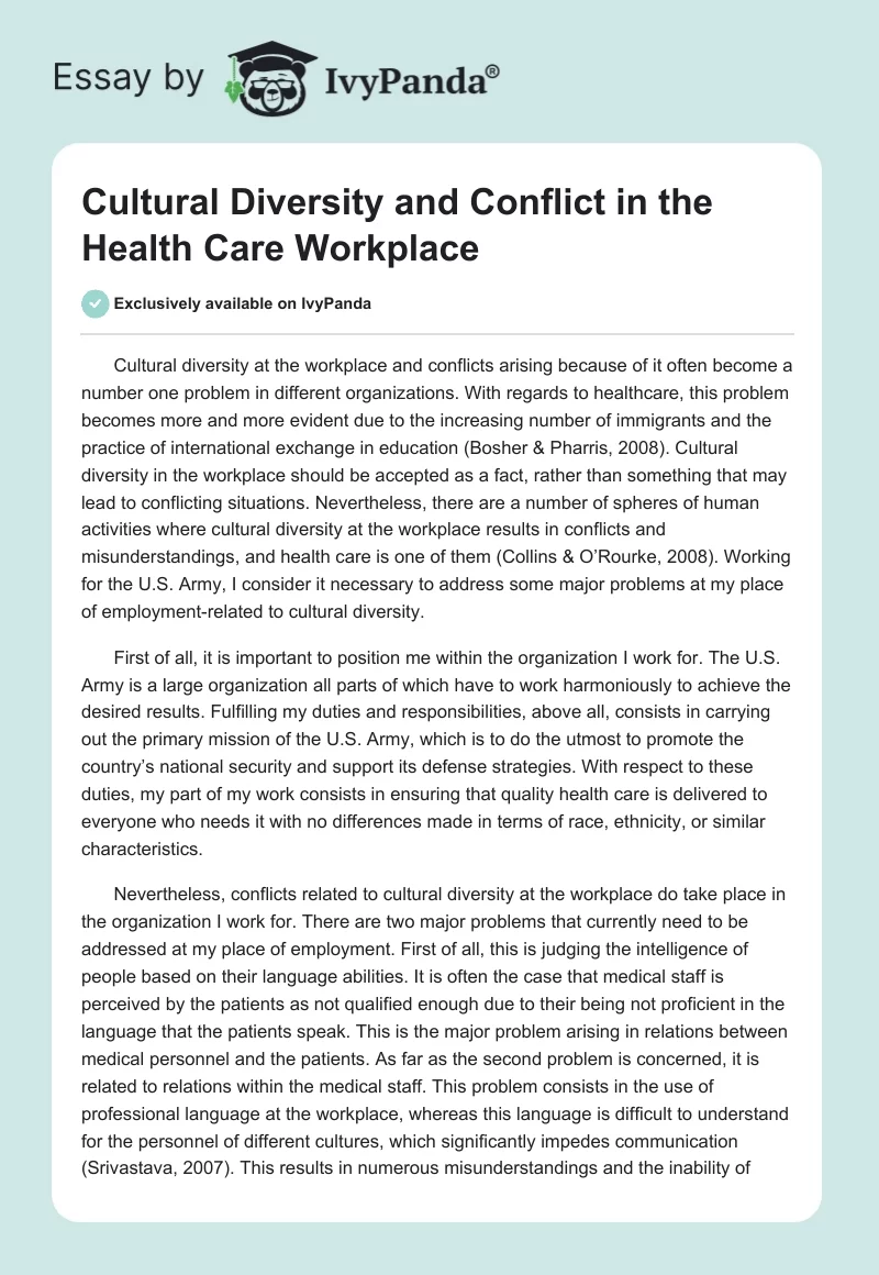 Cultural Diversity and Conflict in the Health Care Workplace. Page 1