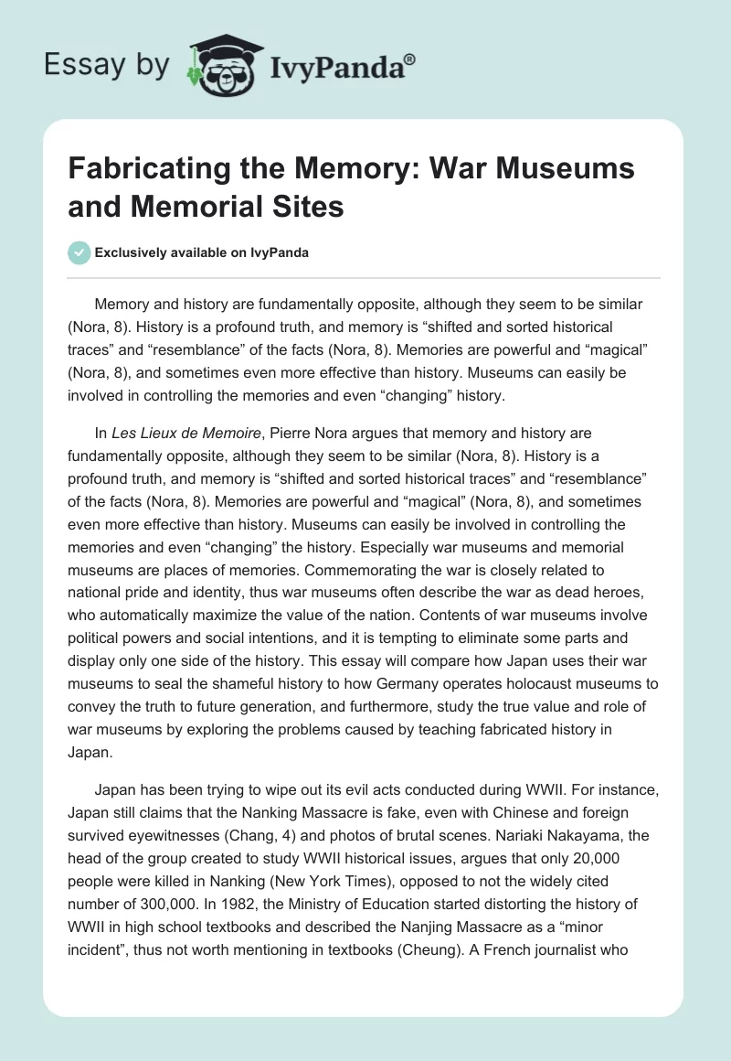 Fabricating the Memory: War Museums and Memorial Sites. Page 1