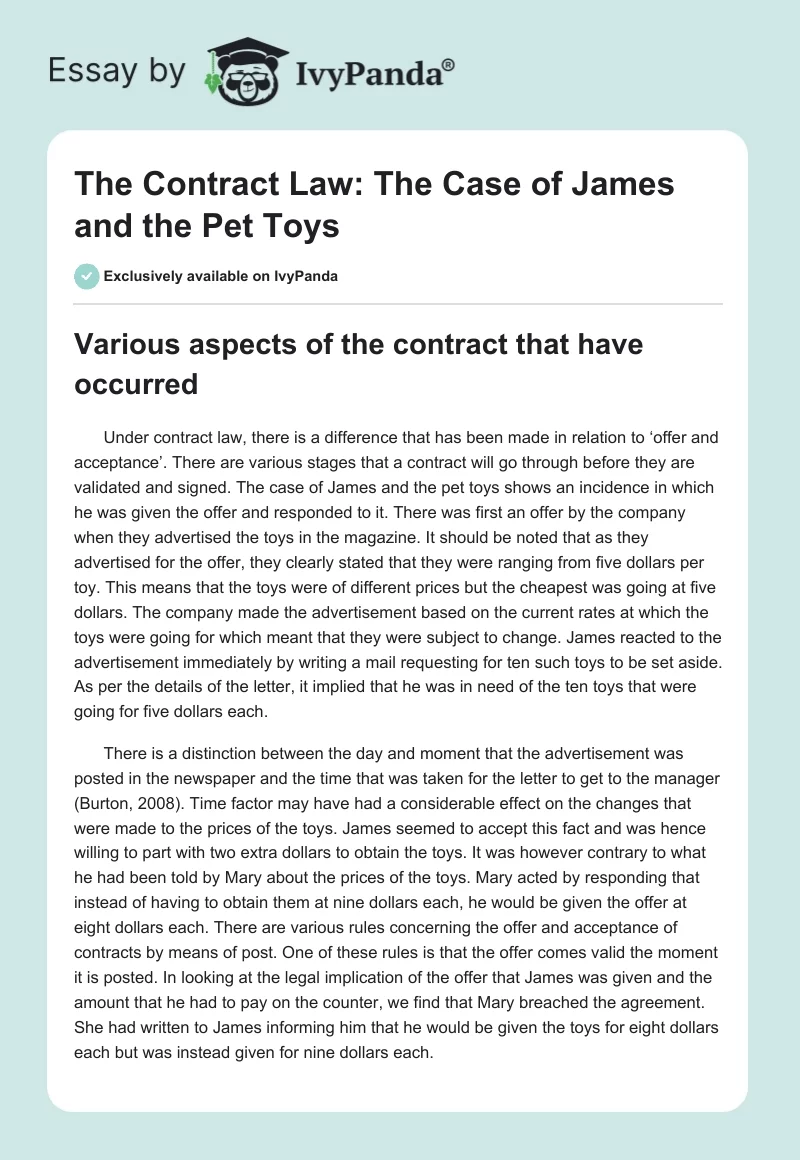 The Contract Law: The Case of James and the Pet Toys. Page 1