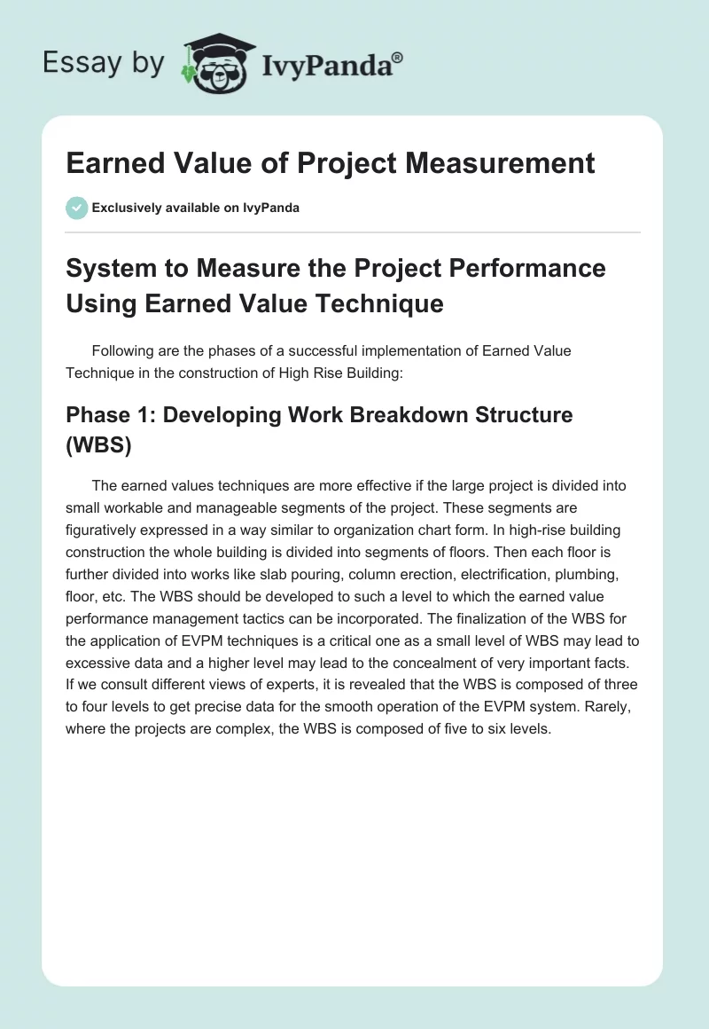 Earned Value of Project Measurement. Page 1